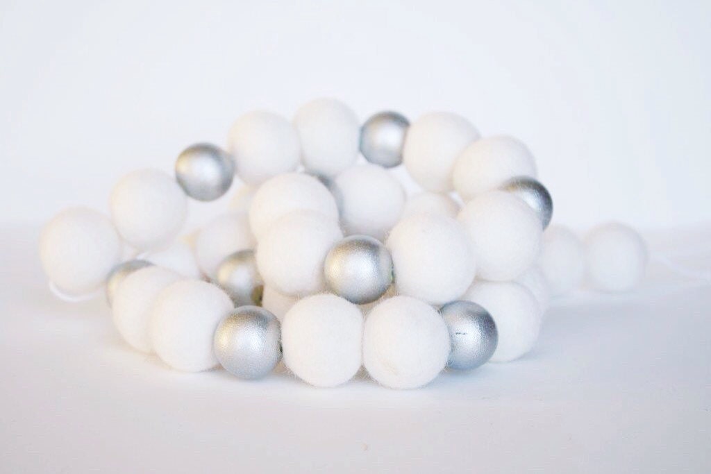 White And Silver Christmas Felt Ball Garland