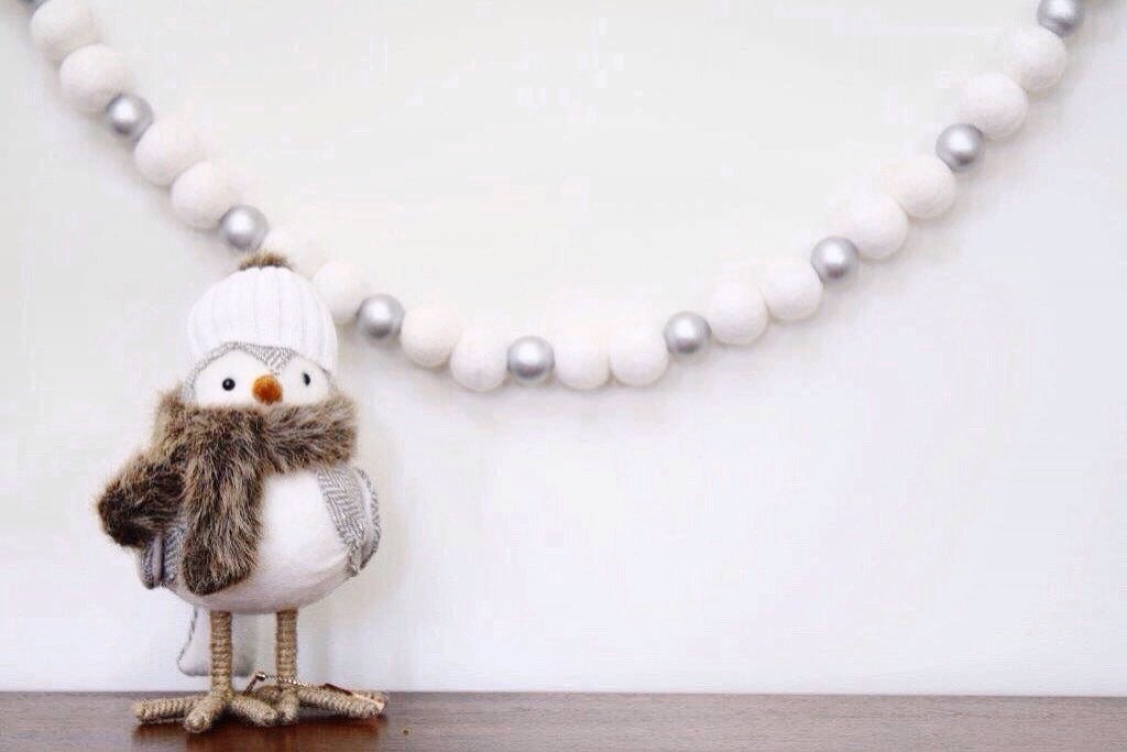 White And Silver Christmas Felt Ball Garland