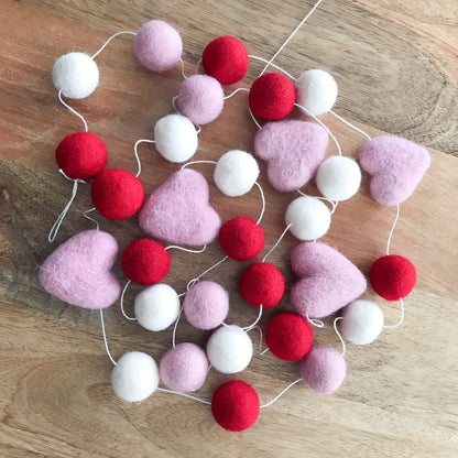 Pink Hearts Valentines Day Felt Ball Garland