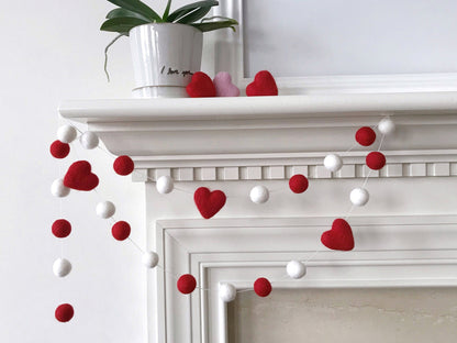 Red and White Hearts Valentines Day Felt Ball Garland