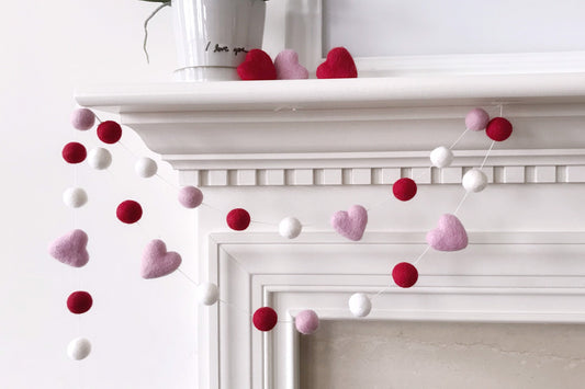 Pink Hearts Valentines Day Felt Ball Garland