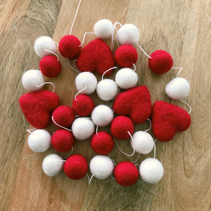 Red and White Hearts Valentines Day Felt Ball Garland