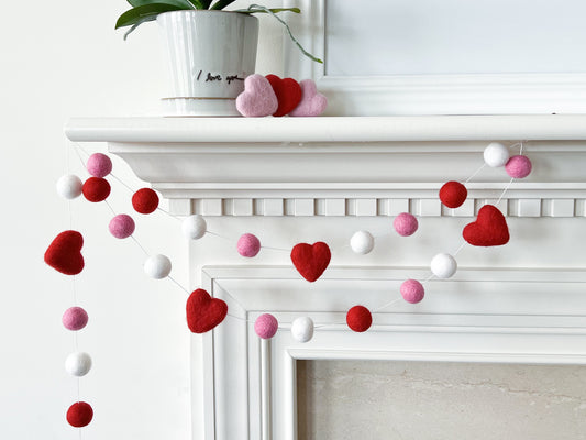 Valentines Day Felt Ball Garland with Red Hearts