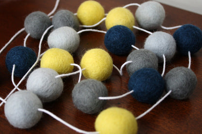 Navy, Grey and Yellow Felt Ball Garland