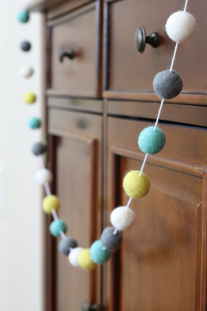 Turquoise and Yellow Felt Ball Garland