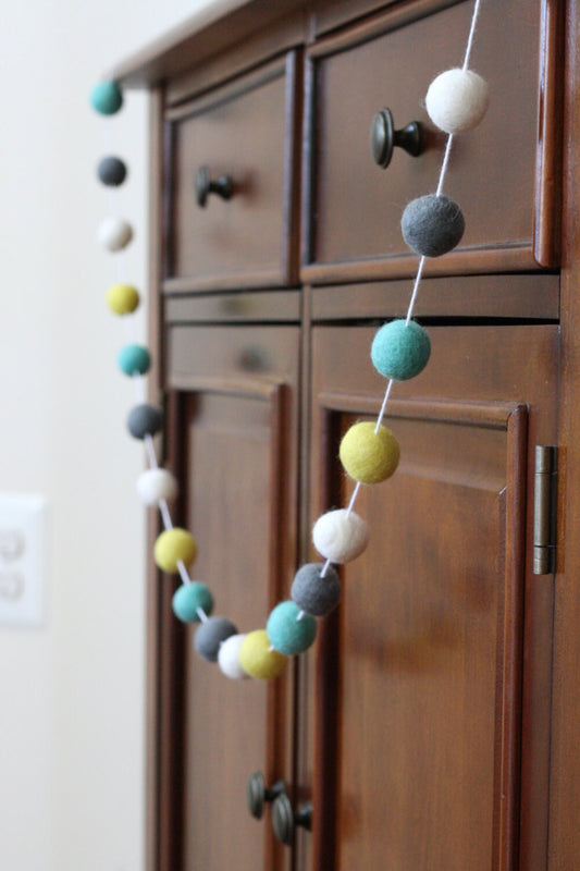 Turquoise and Yellow Felt Ball Garland