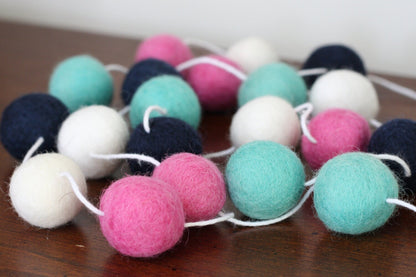 Pink, Navy and Turquoise Felt Ball Garland