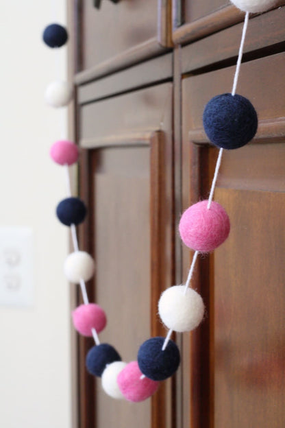 Pink and Navy Felt Ball Garland