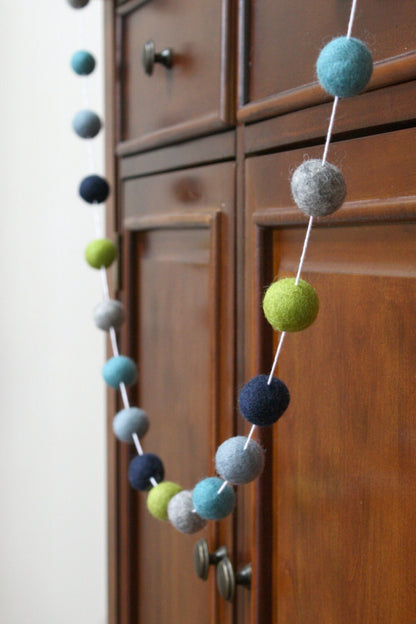 Blue, Green and Grey Felt Ball Garland