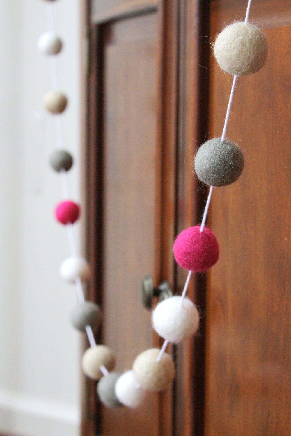 Hot Pink, Beige, Grey, and White Felt Ball Garland