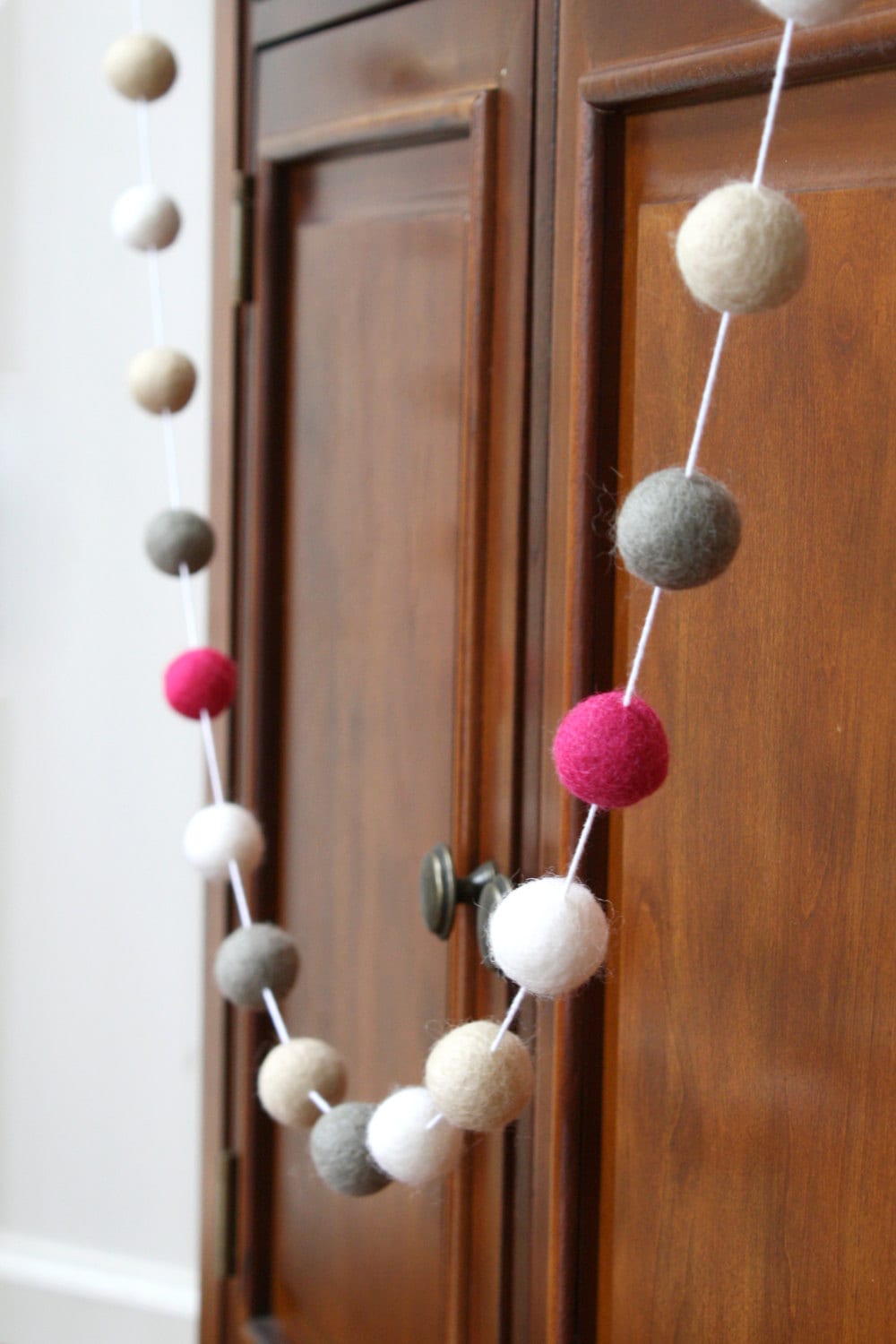 Hot Pink, Beige, Grey, and White Felt Ball Garland