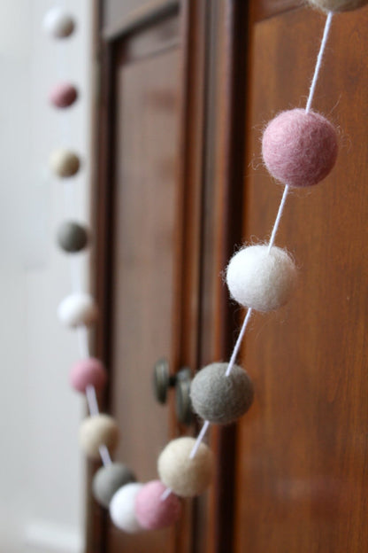 Pink, Beige, Grey and White Felt Ball Garland