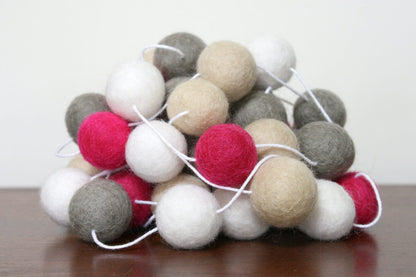 Hot Pink, Beige, Grey, and White Felt Ball Garland