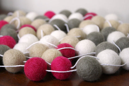 Hot Pink, Beige, Grey, and White Felt Ball Garland