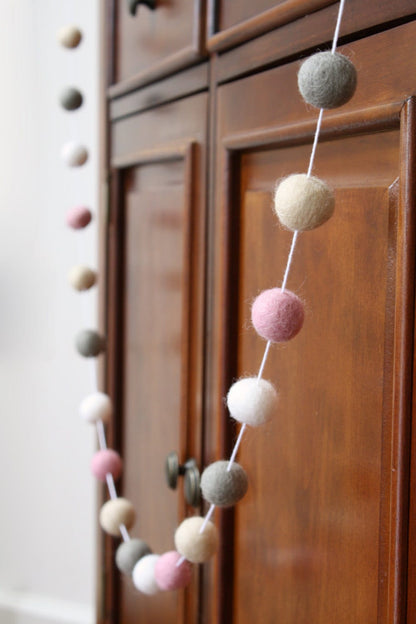 Pink, Beige, Grey and White Felt Ball Garland