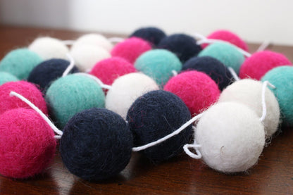 Hot Pink Turquoise and Navy Felt Ball Garland